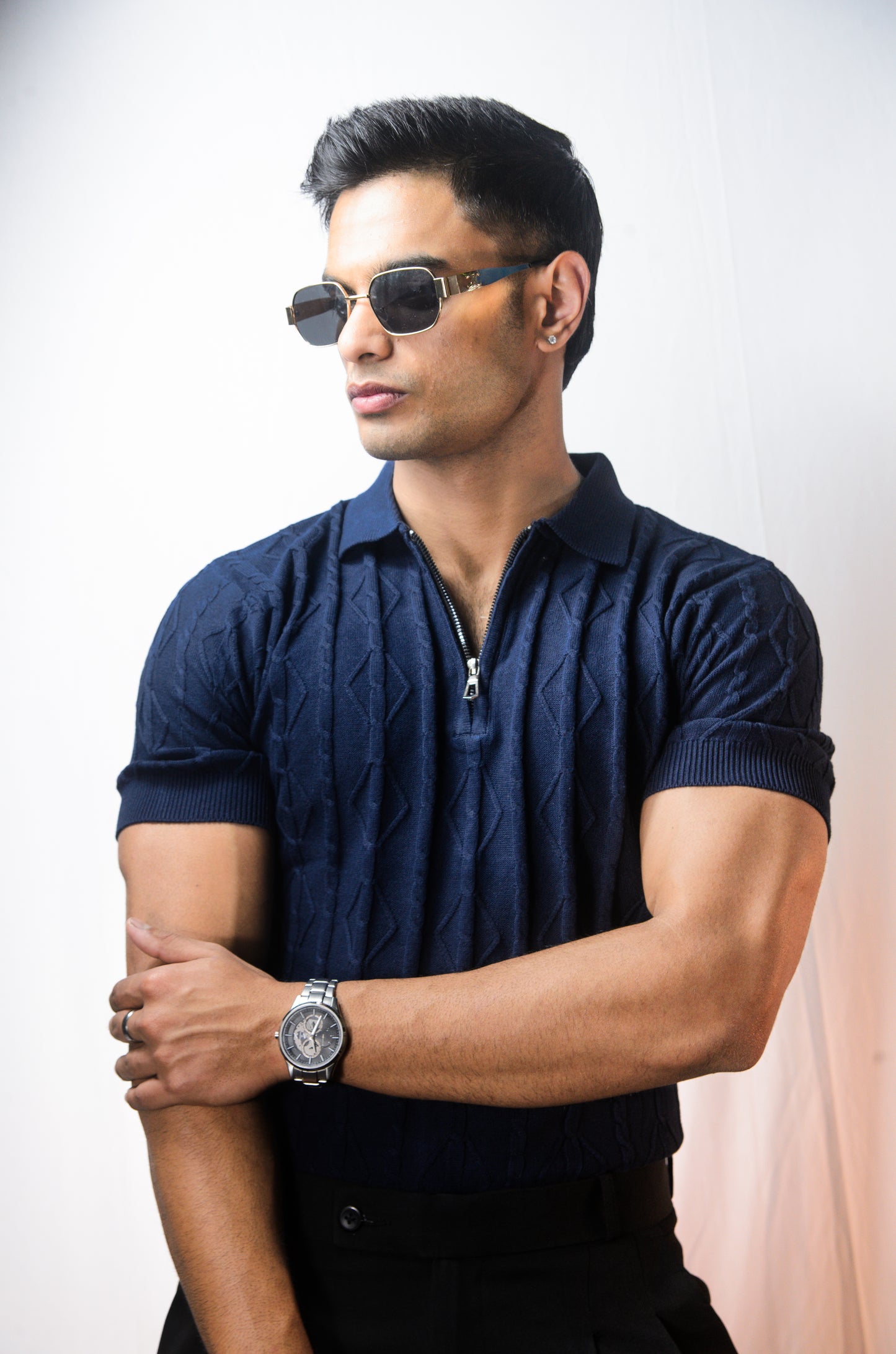Azure Knit Polo T-Shirt - NAVY
