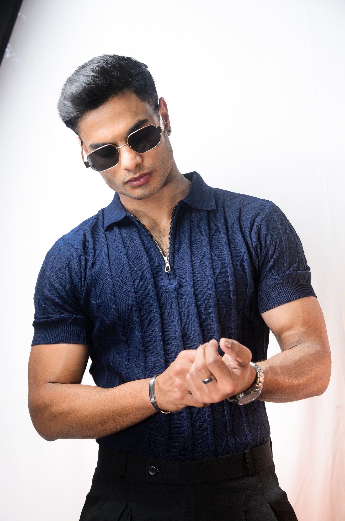 Azure Knit Polo T-Shirt - NAVY