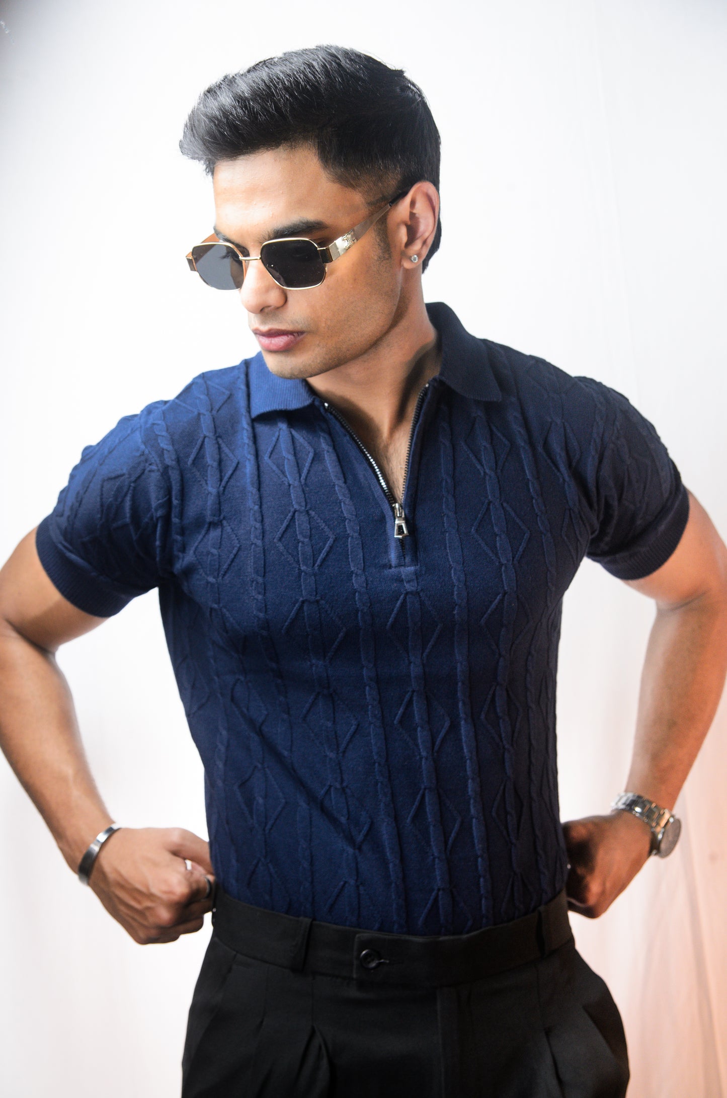 Azure Knit Polo T-Shirt - NAVY