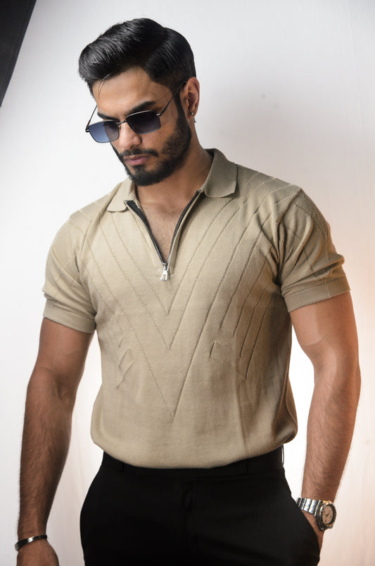 Mayfair Zip Polo T-shirt - BEIGE