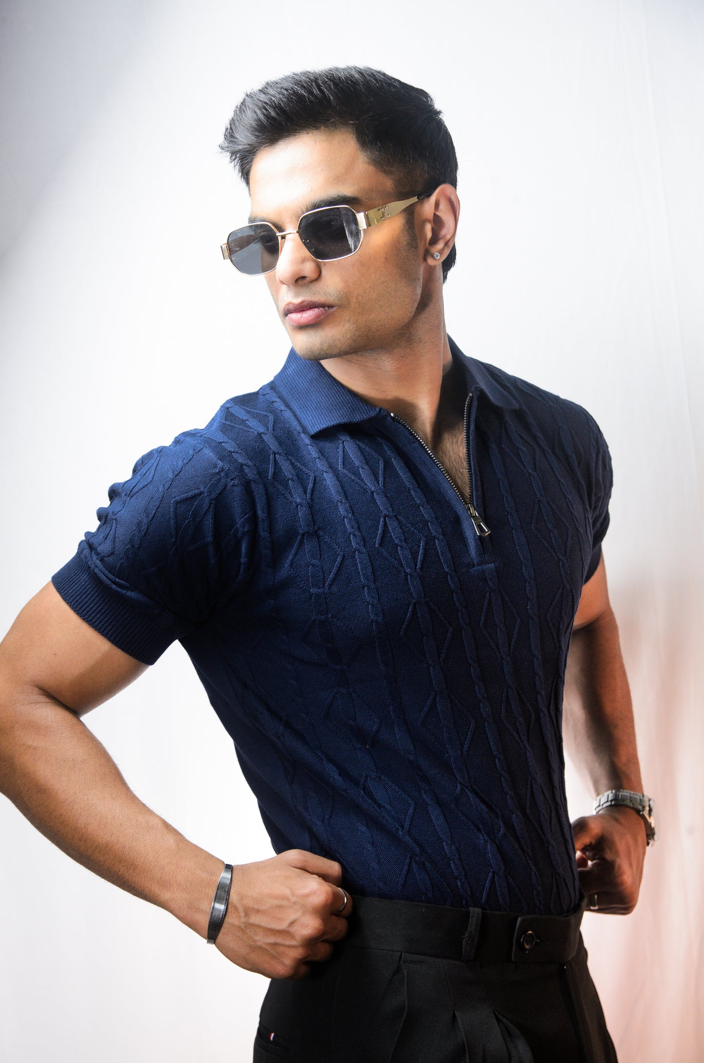 Azure Knit Polo T-Shirt - NAVY
