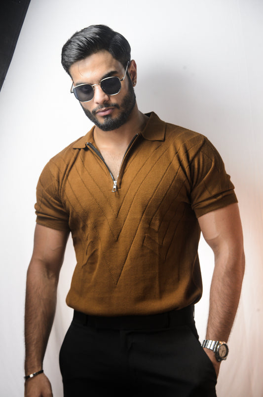 Mayfair Zip Polo T-shirt - BROWN