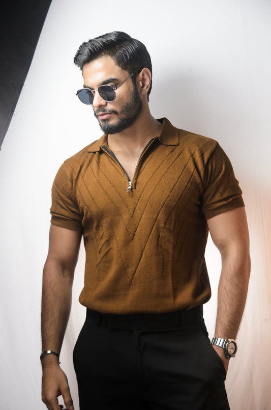 Mayfair Zip Polo T-shirt - BROWN