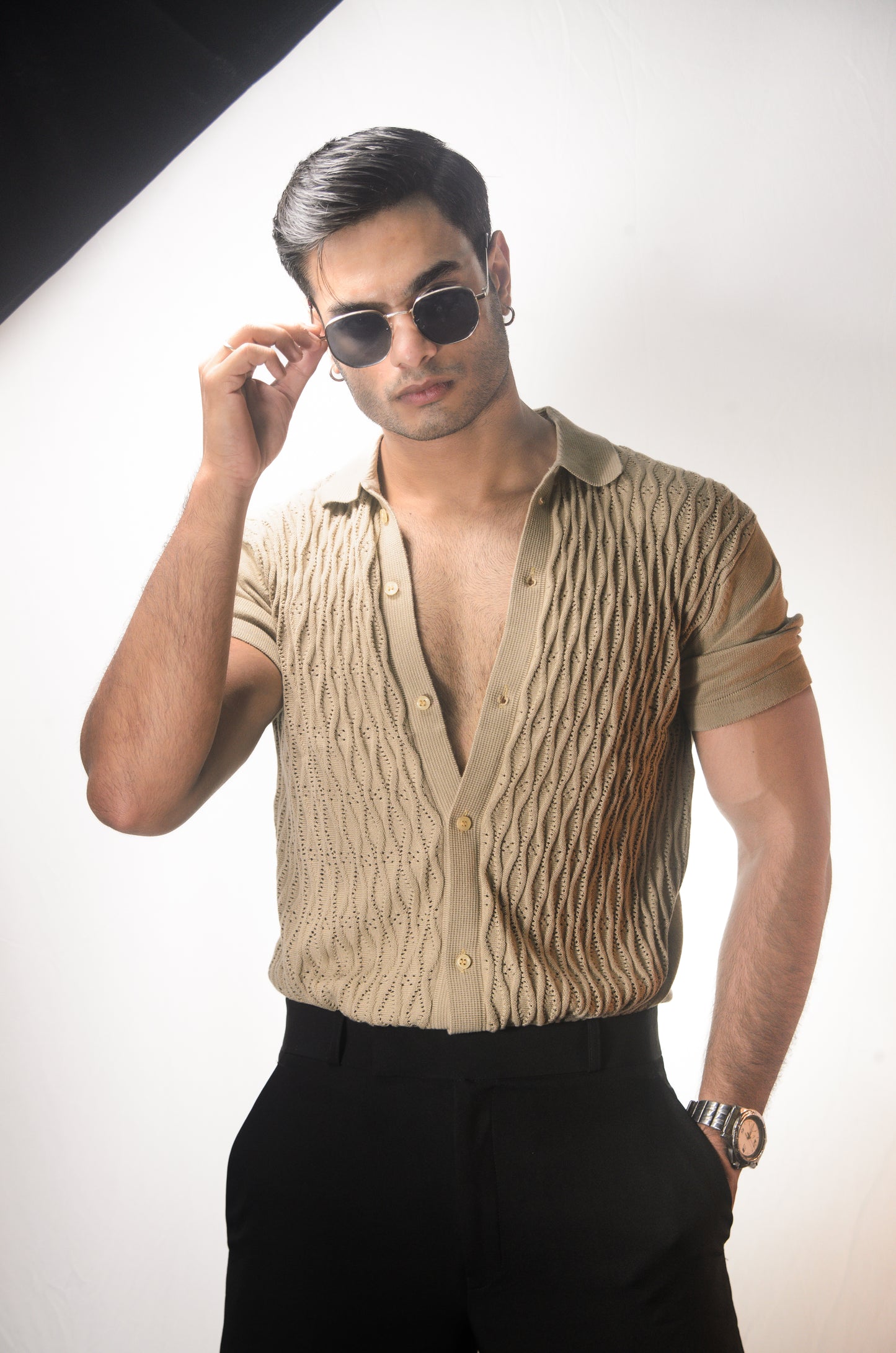 Diamond Stitch Knitted Shirt - BEIGE