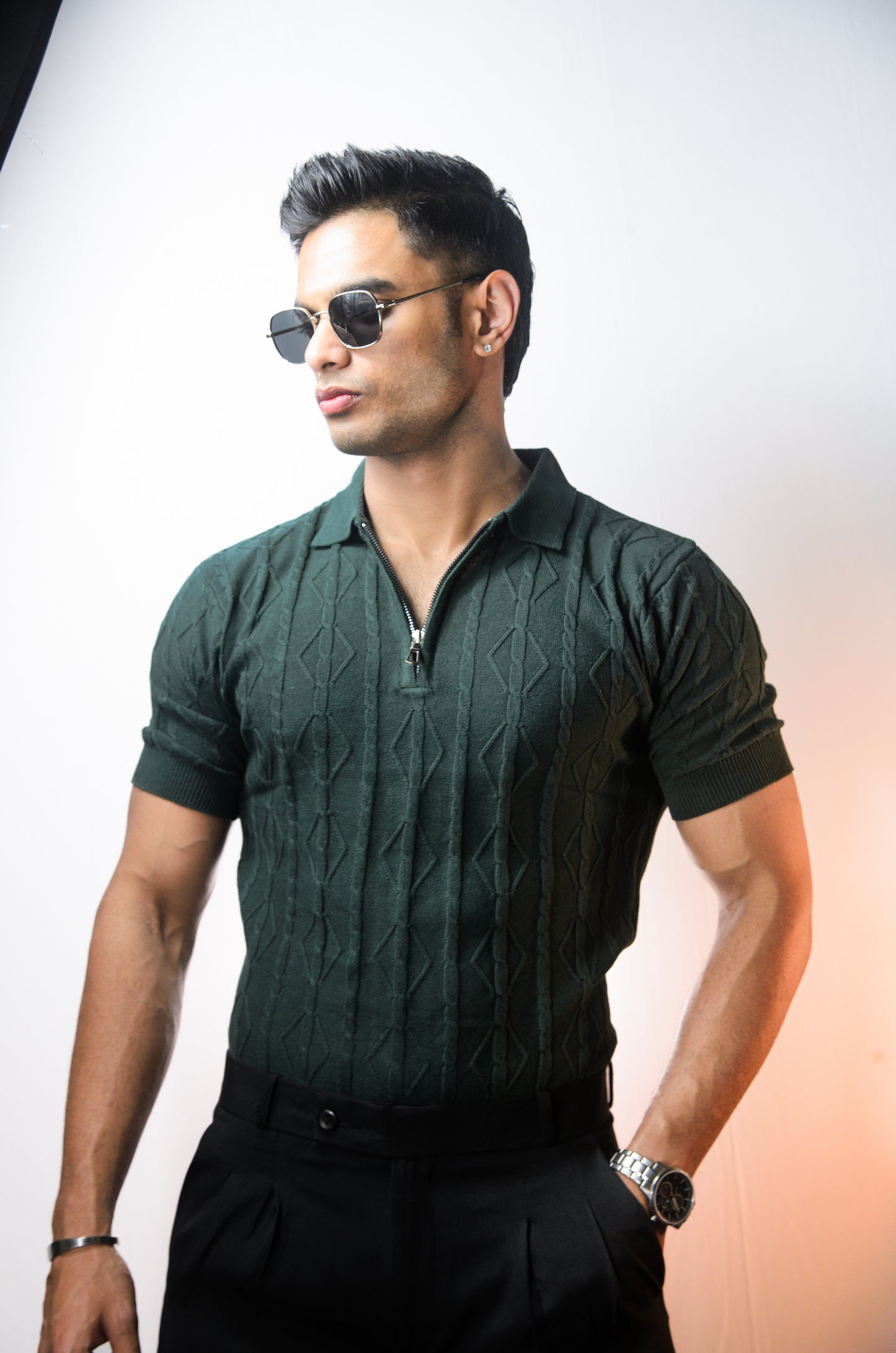Azure Knit Polo T-Shirt - BOTTLEGREEN