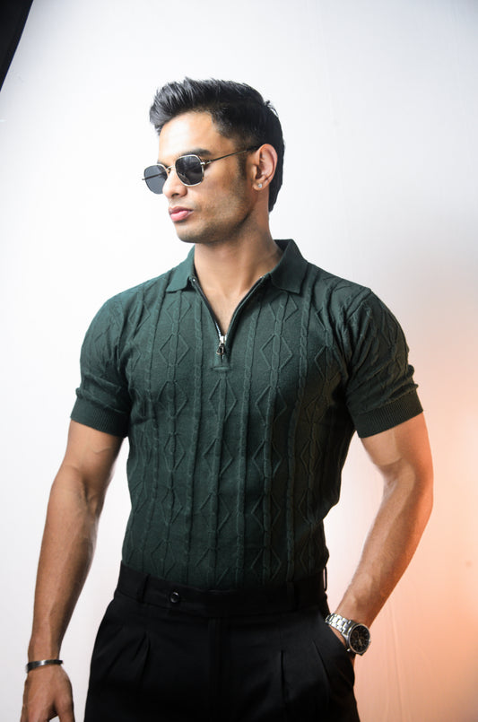 Azure Knit Polo T-Shirt - BOTTLEGREEN