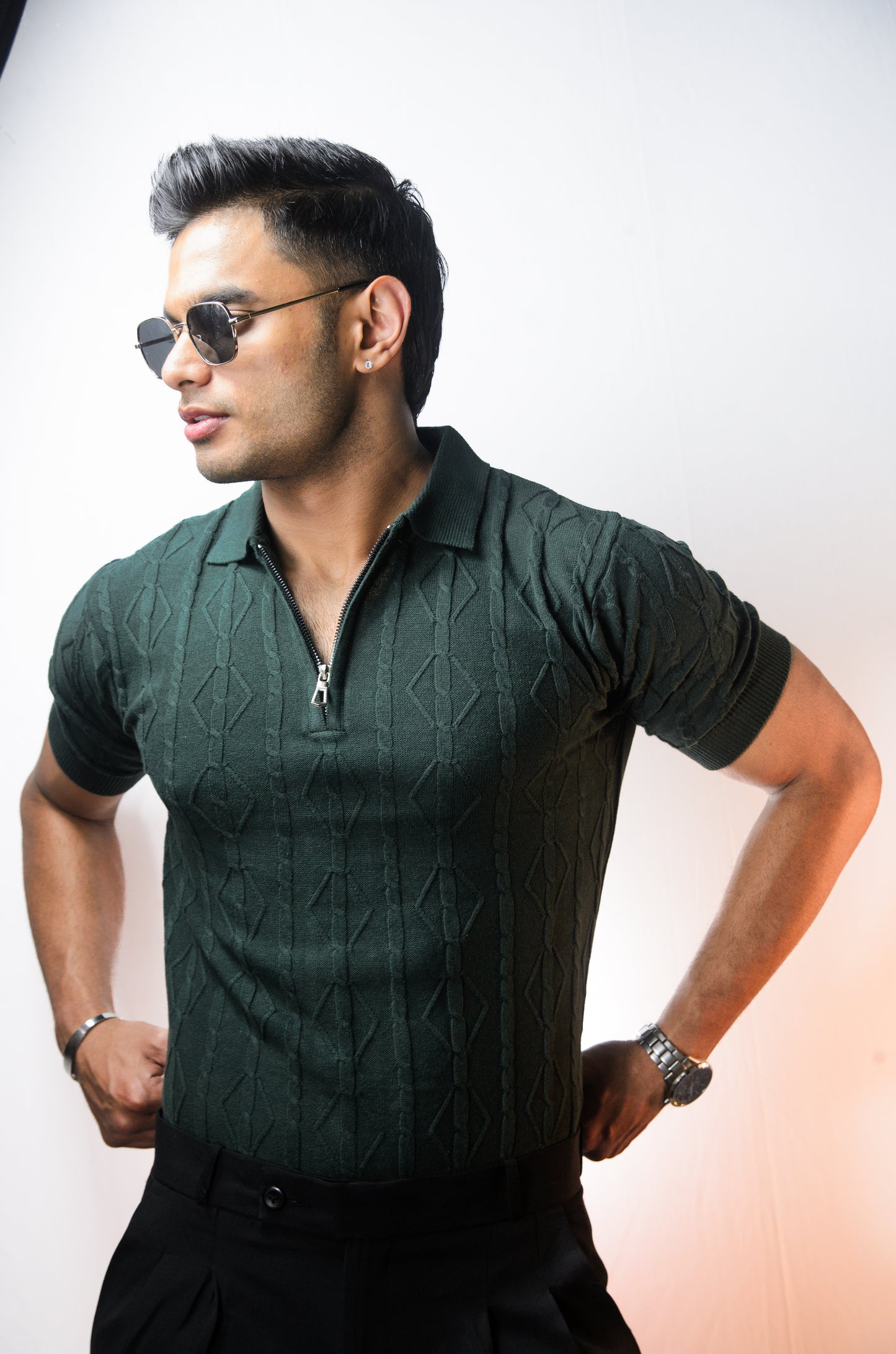 Azure Knit Polo T-Shirt - BOTTLEGREEN