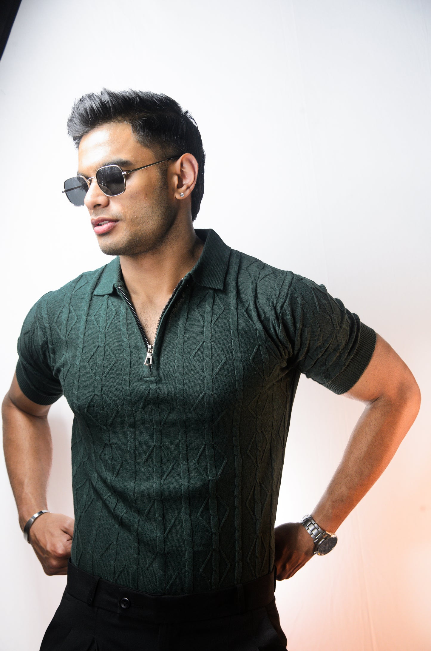 Azure Knit Polo T-Shirt - BOTTLEGREEN