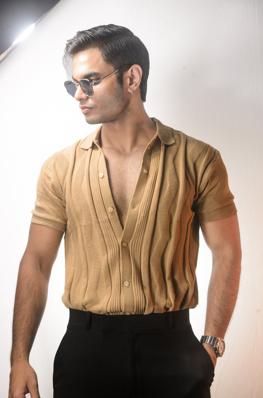 Ocean Wave Knitted Shirt - BEIGE