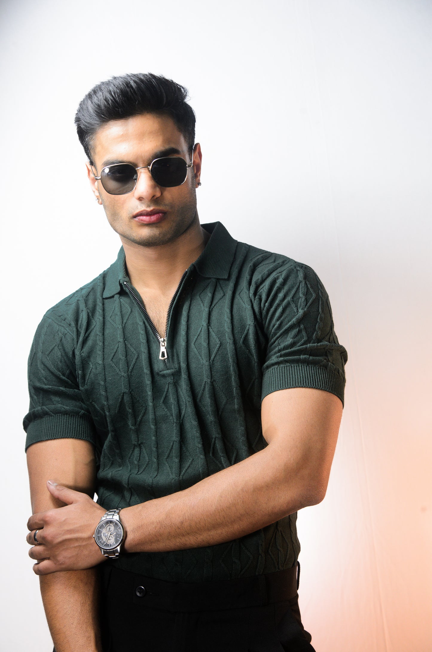 Azure Knit Polo T-Shirt - BOTTLEGREEN