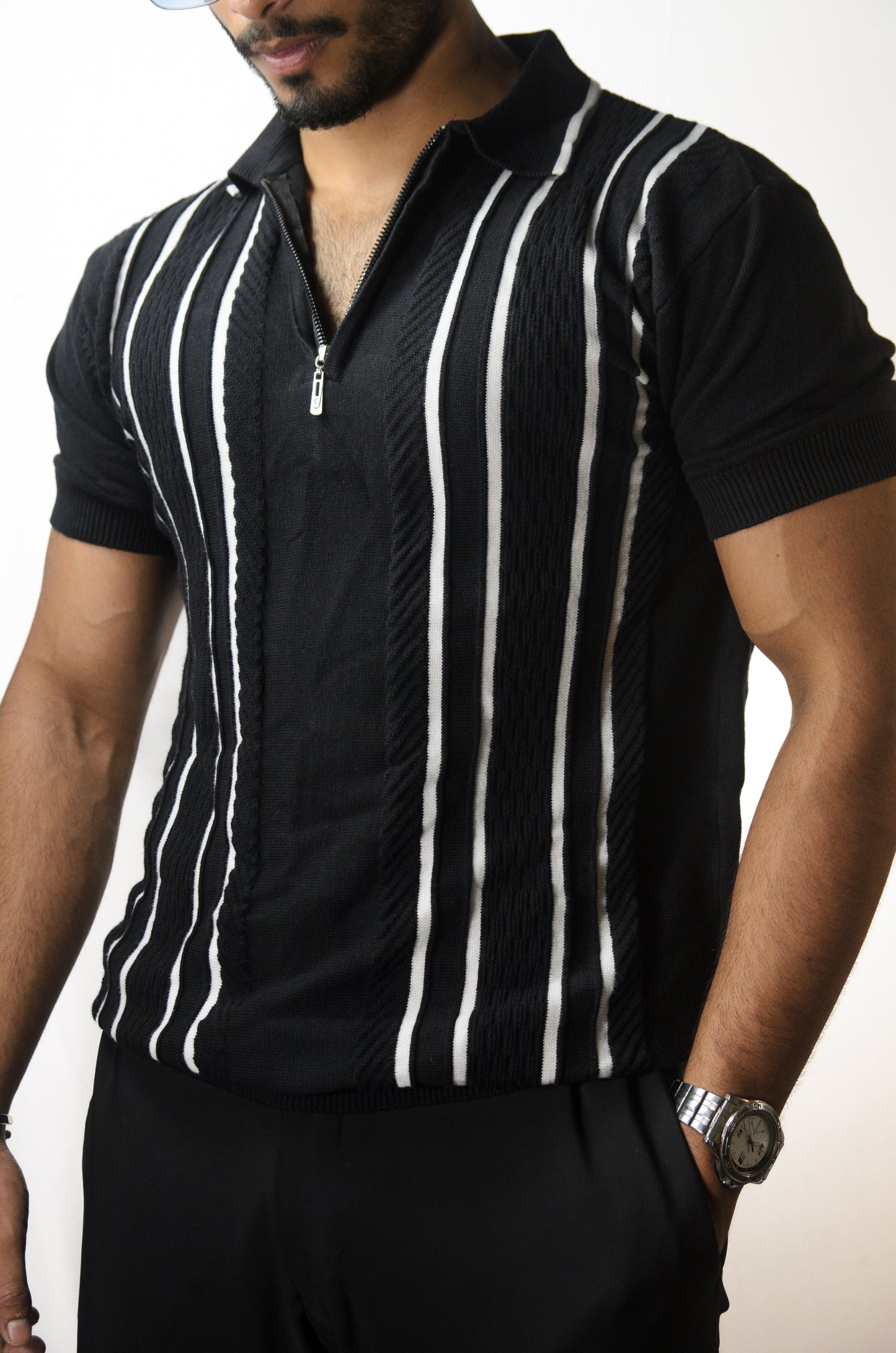 Textured Polo T-Shirt - BLACK