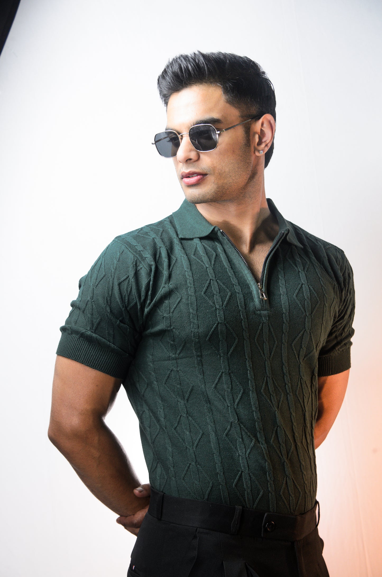 Azure Knit Polo T-Shirt - BOTTLEGREEN