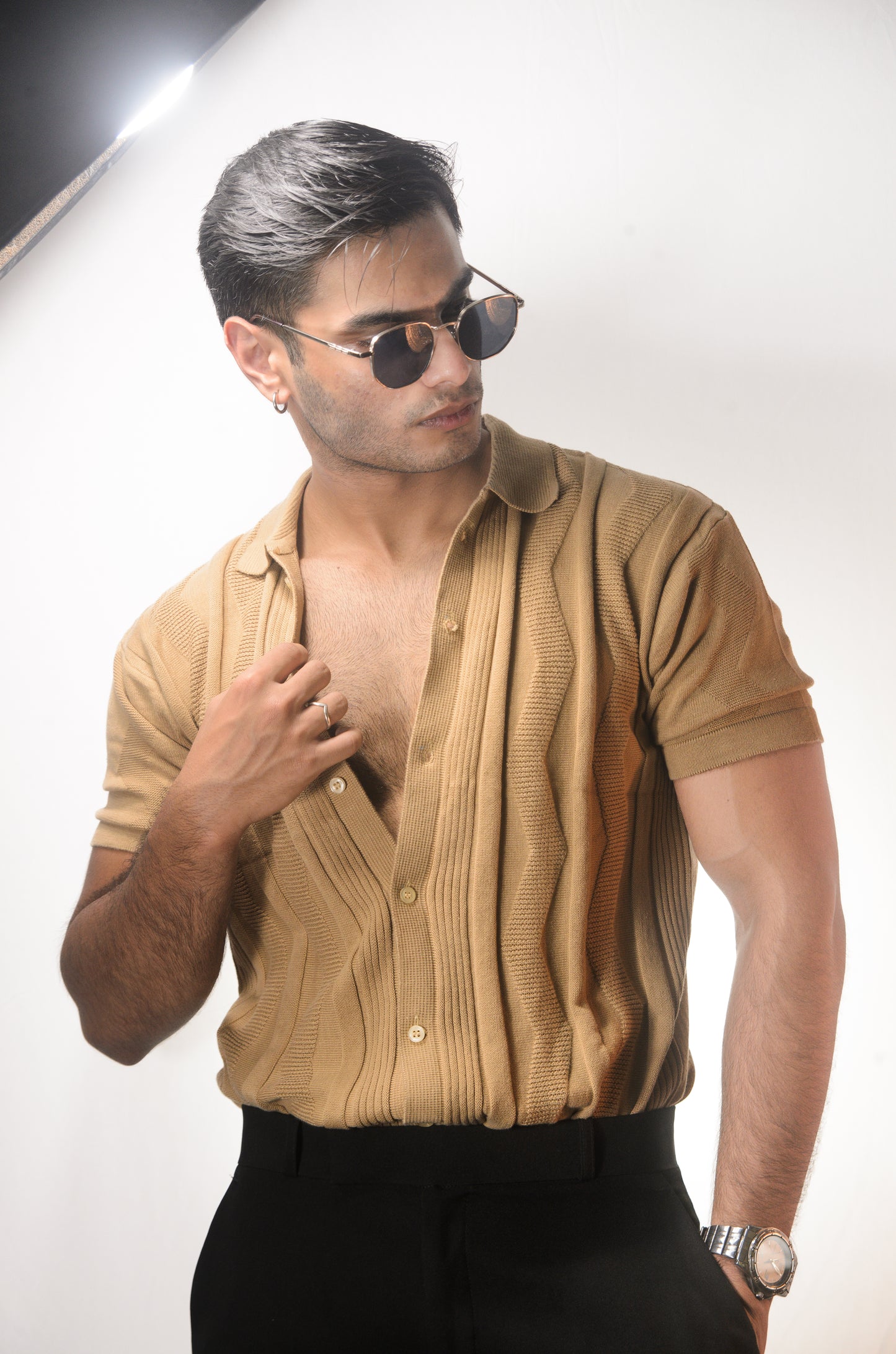 Ocean Wave Knitted Shirt - BEIGE
