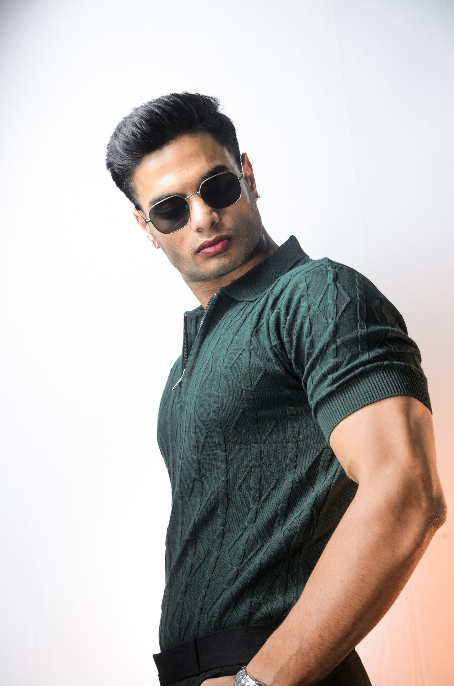 Azure Knit Polo T-Shirt - BOTTLEGREEN