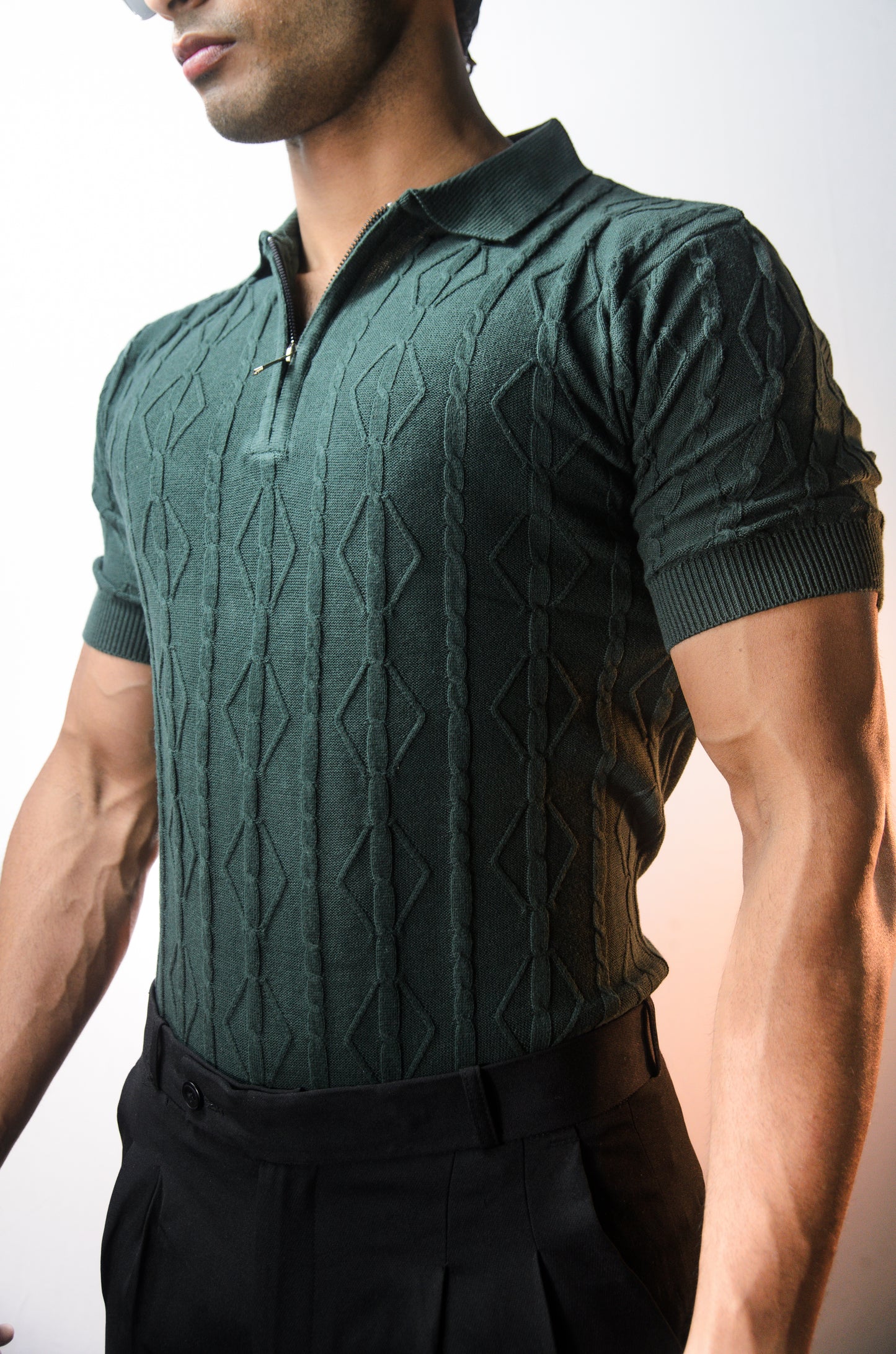 Azure Knit Polo T-Shirt - BOTTLEGREEN