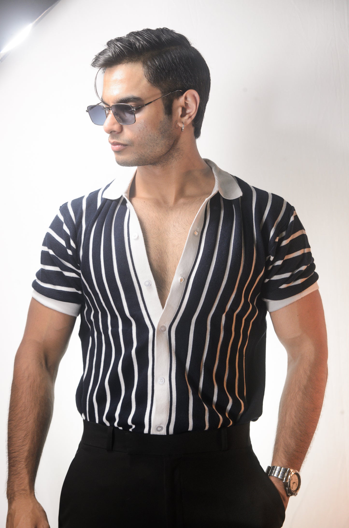 Soho Style Knitted Shirt - NAVY BLUE