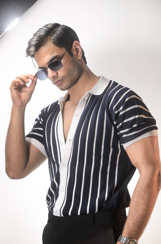Soho Style Knitted Shirt - NAVY BLUE