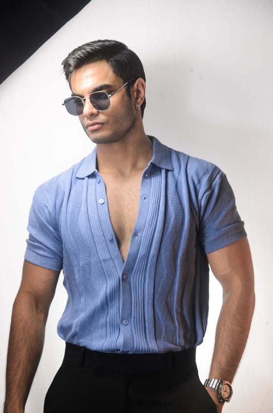 Ocean Wave Knitted Shirt - SKY BLUE