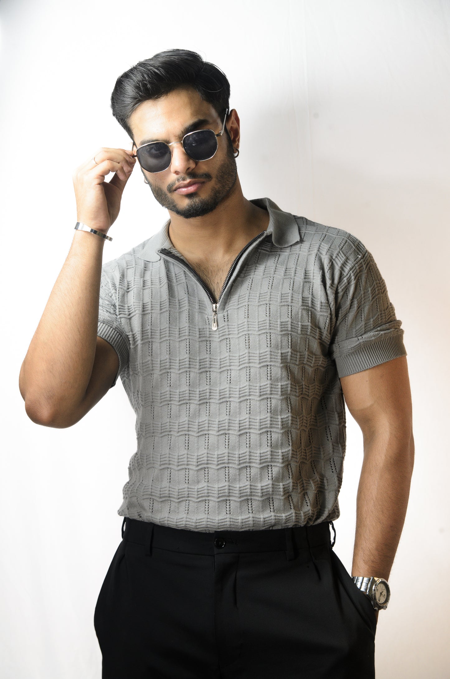 Pointel Brick Knit T-Shirt - STEEL GREY