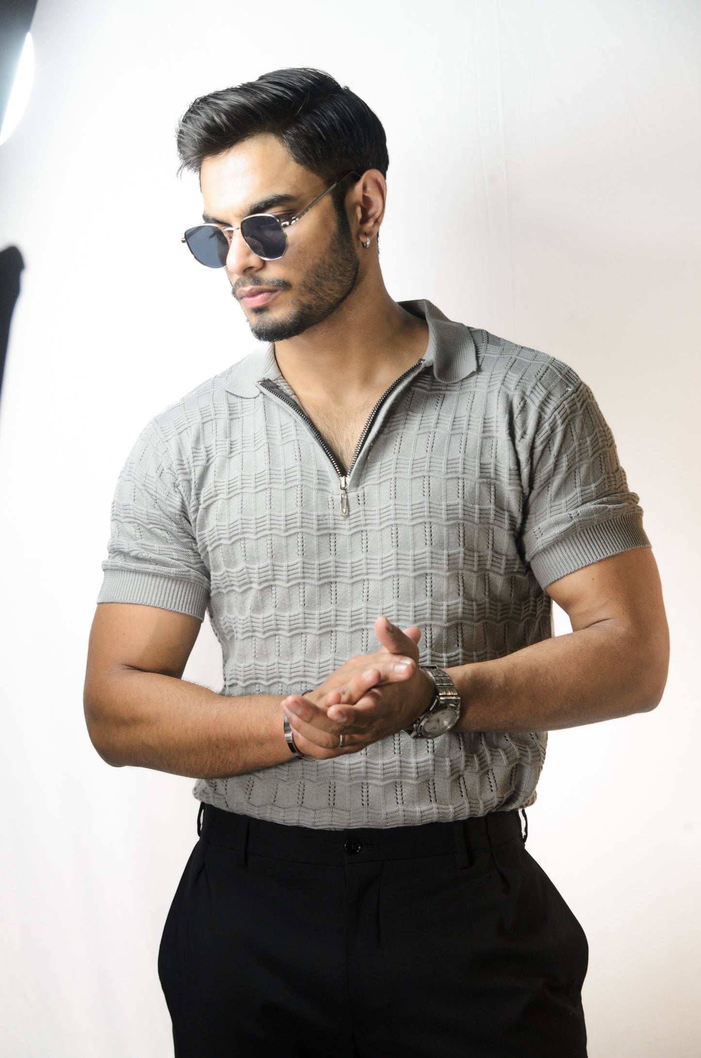 Pointel Brick Knit T-Shirt - STEEL GREY