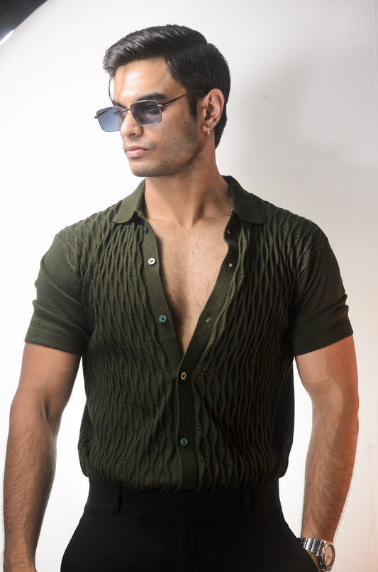 Diamond Stitch Knitted Shirt - OLIVE GREEN