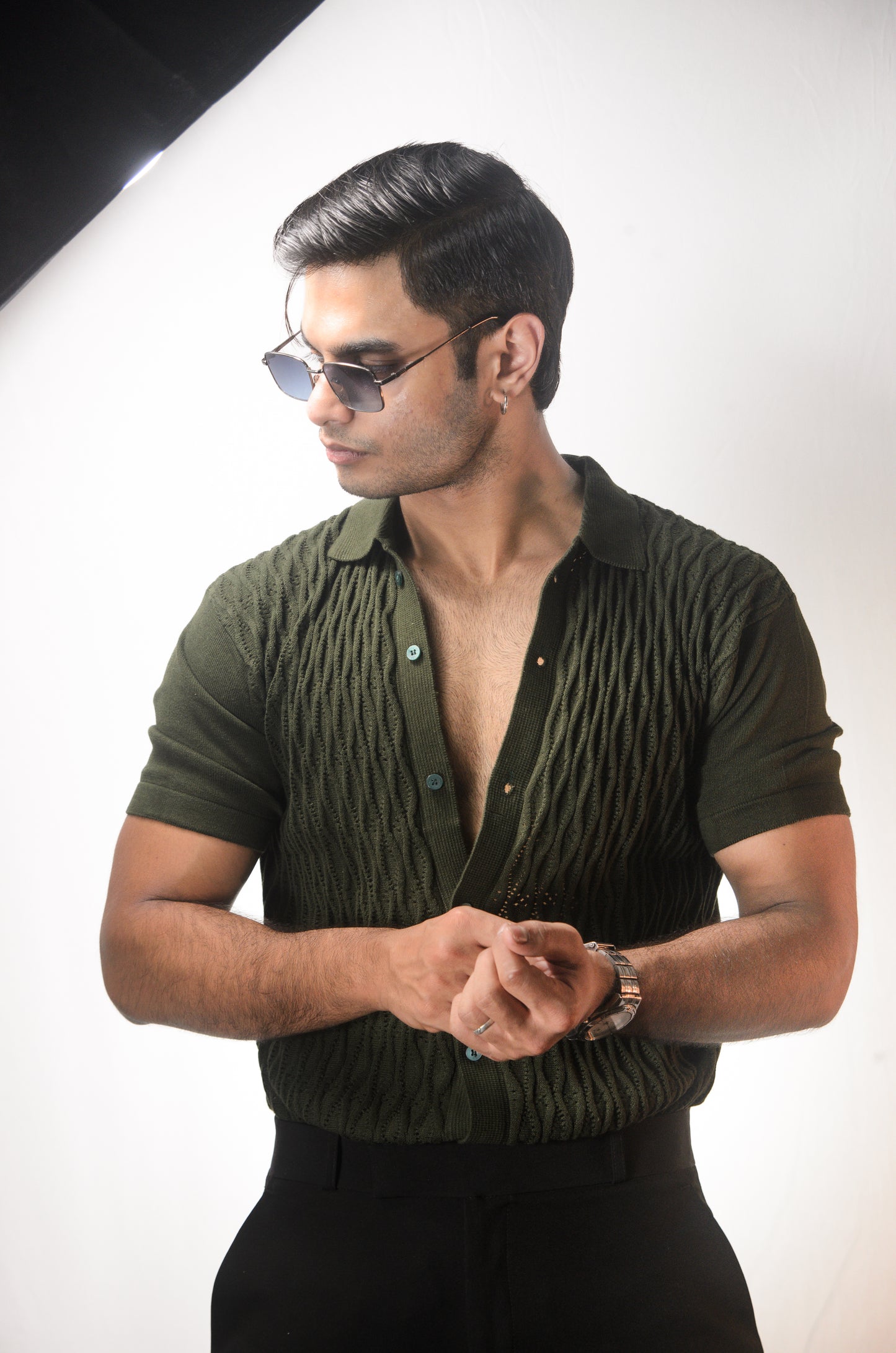 Diamond Stitch Knitted Shirt - OLIVE GREEN