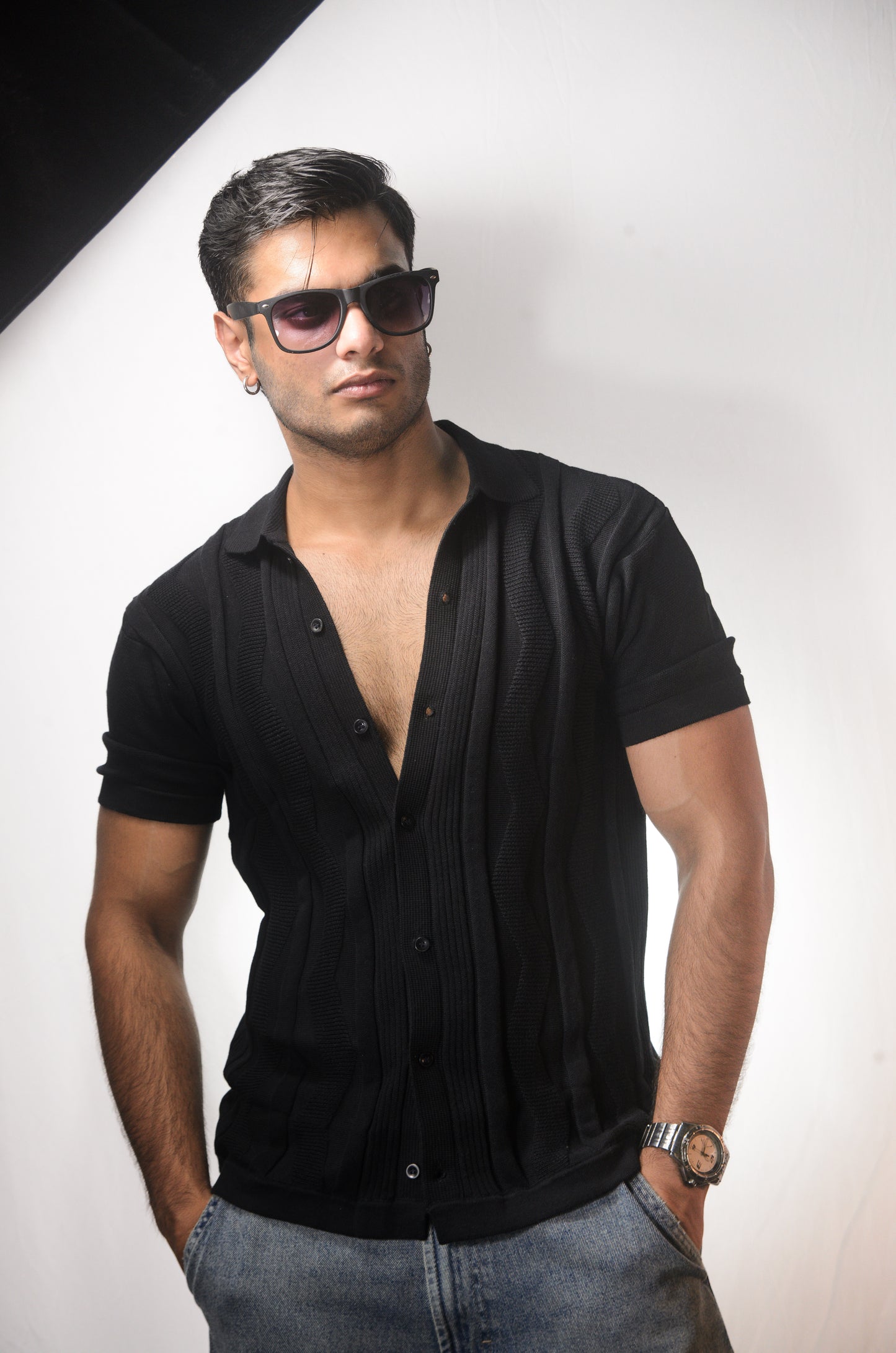 Ocean Wave Knitted Shirt - BLACK