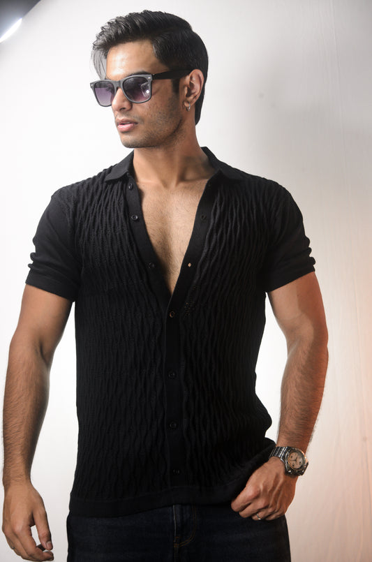 Diamond Stitch Knitted Shirt - BLACK