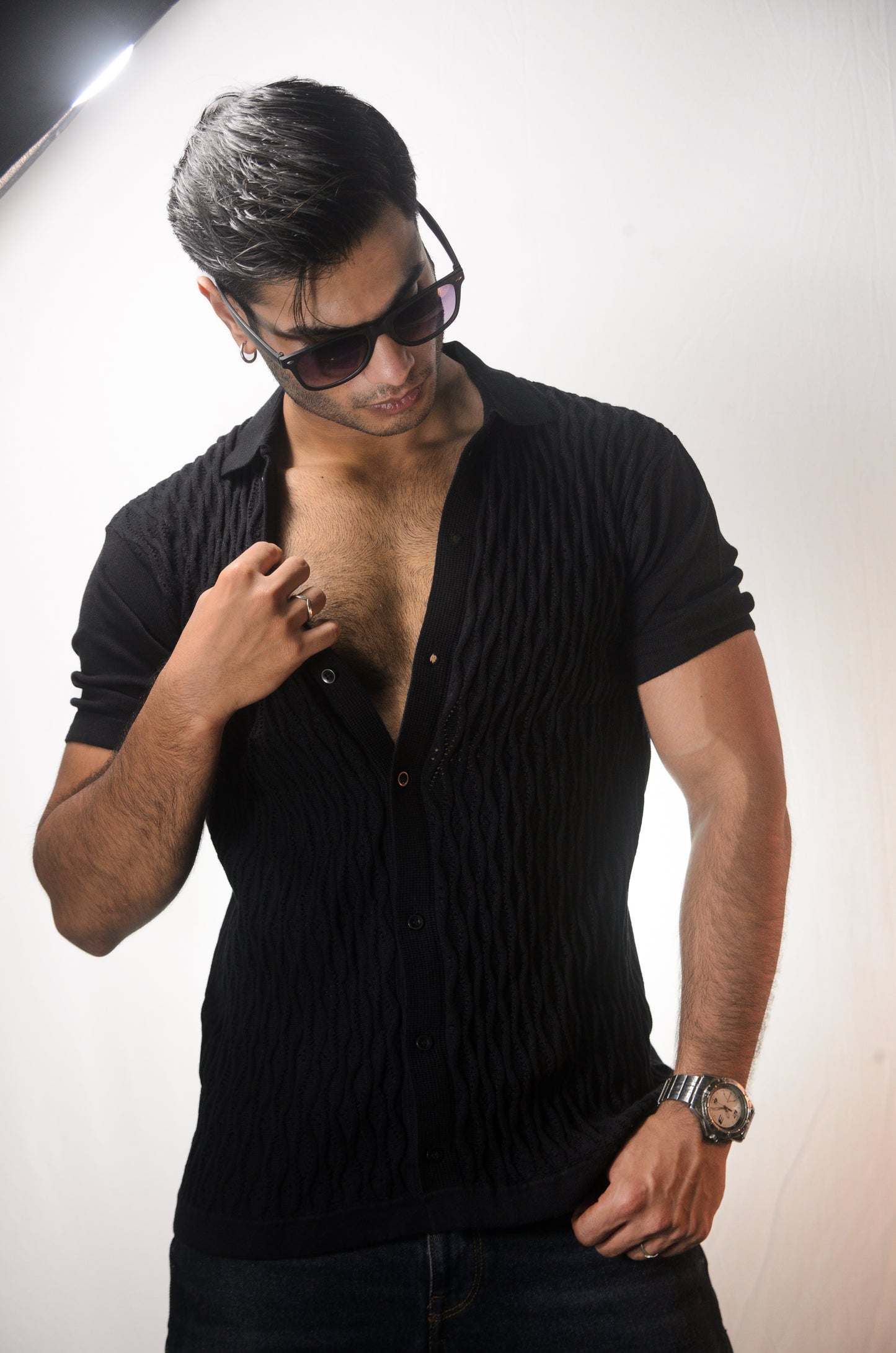 Diamond Stitch Knitted Shirt - BLACK