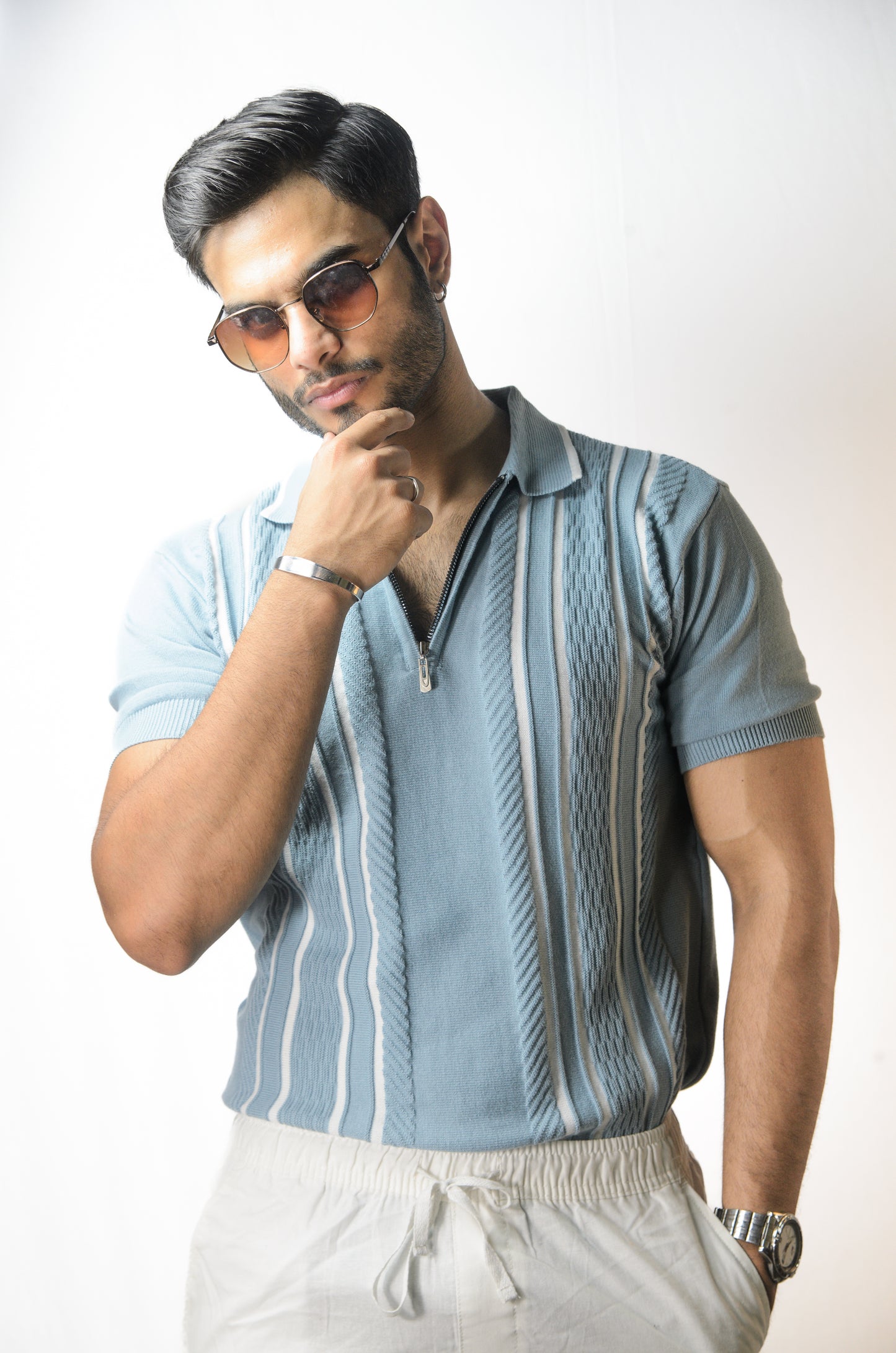 Textured Polo T-Shirt - CYAN