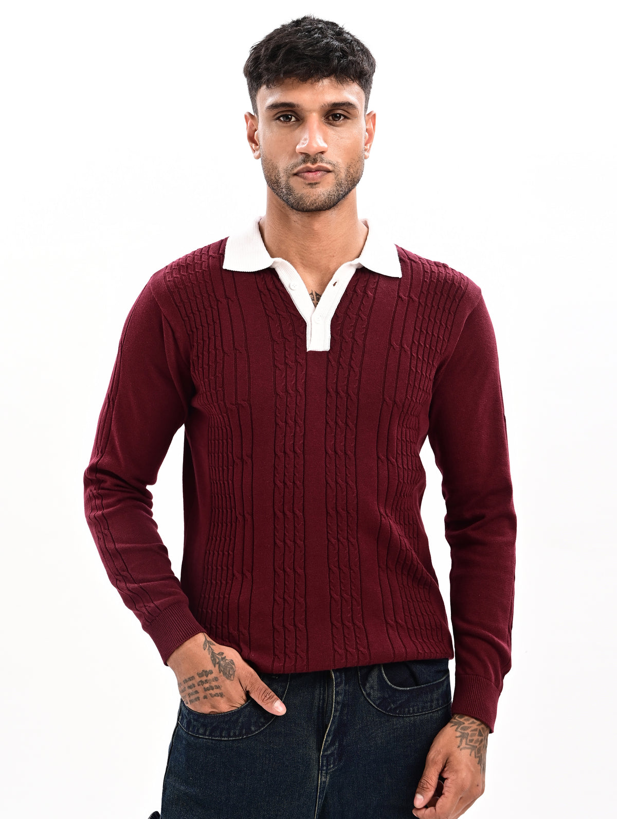 The Astor Cable Knit Polo - WINE