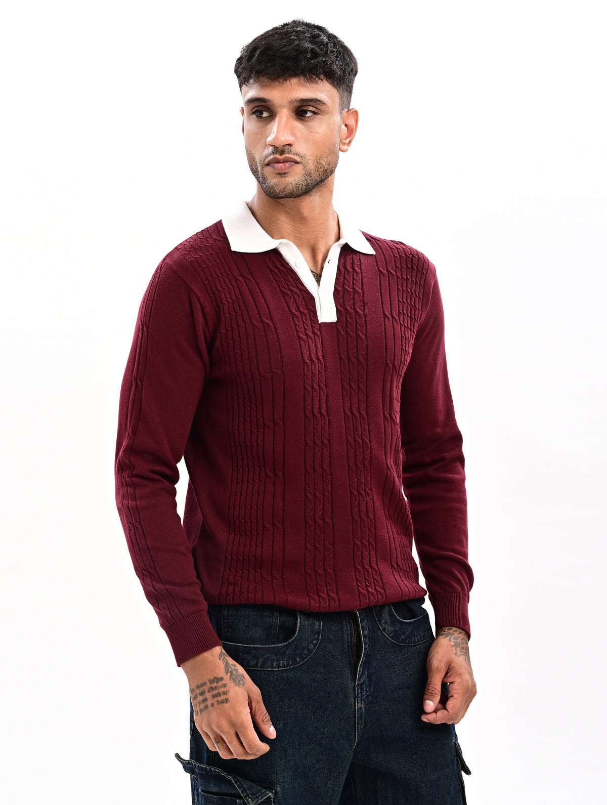 The Astor Cable Knit Polo - WINE