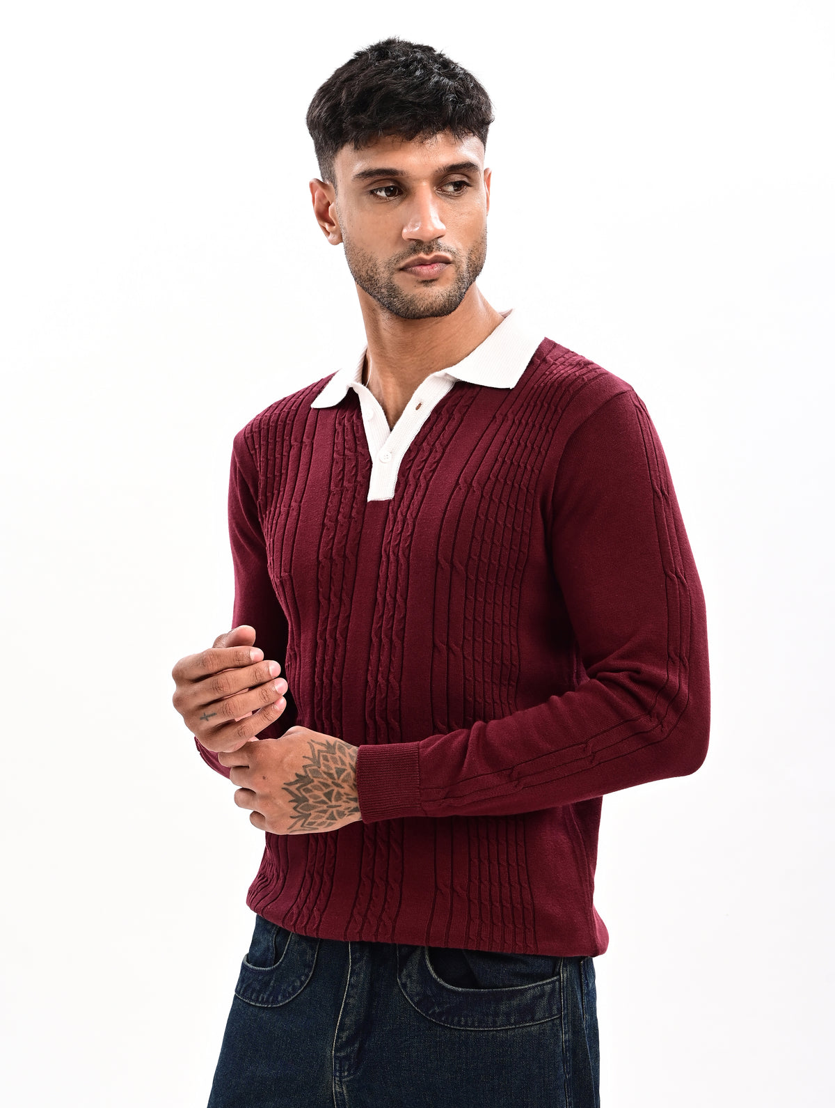 The Astor Cable Knit Polo - WINE