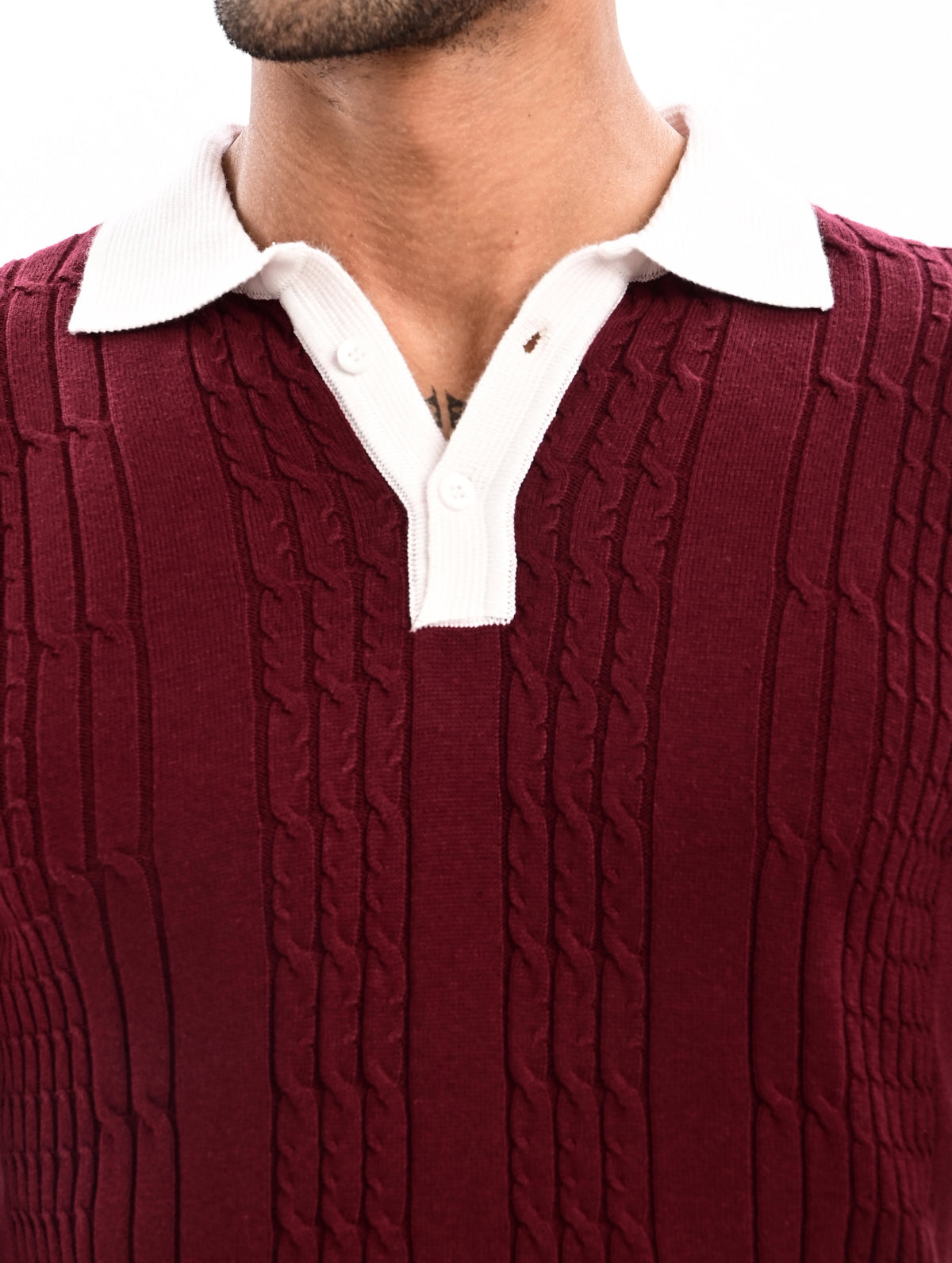 The Astor Cable Knit Polo - WINE