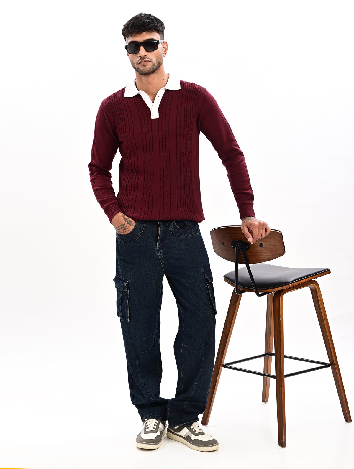 The Astor Cable Knit Polo - WINE