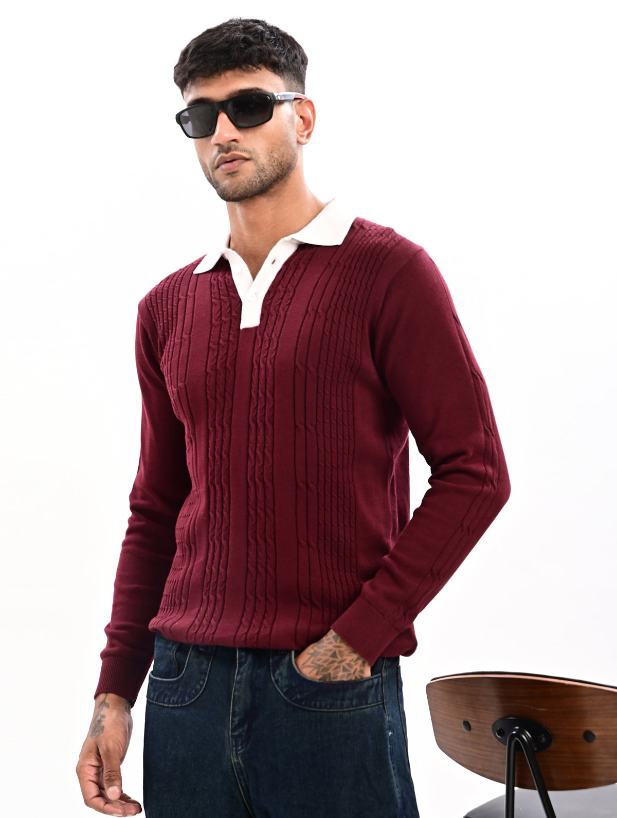 The Astor Cable Knit Polo - WINE