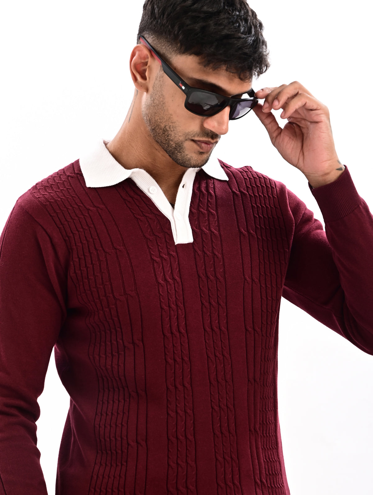 The Astor Cable Knit Polo - WINE