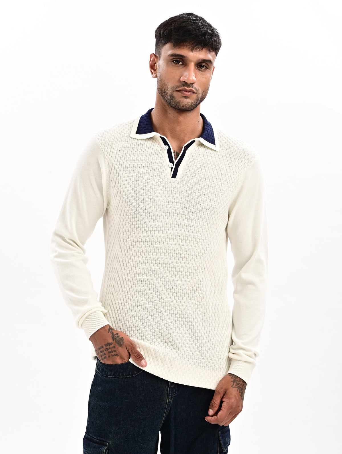 The Ivory Full Sleeve Polo - WHITE
