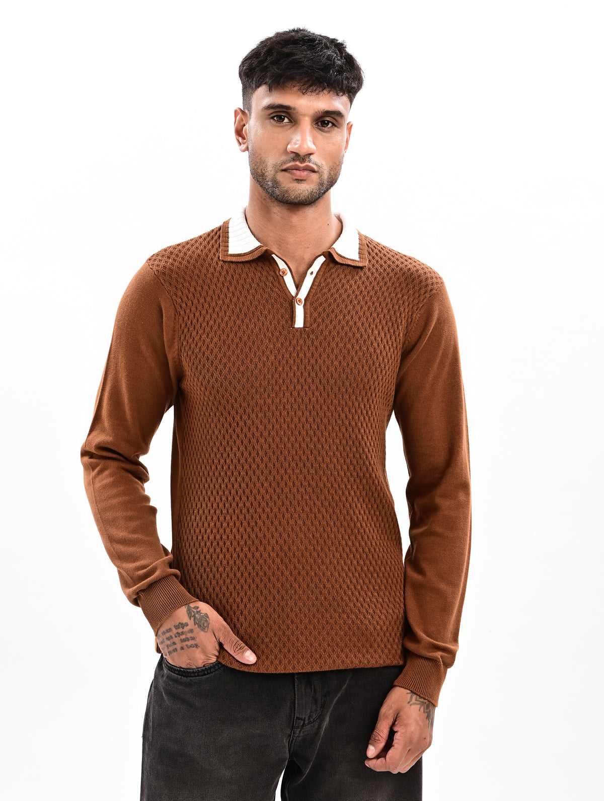 The Ivory Full Sleeve Polo - BROWN