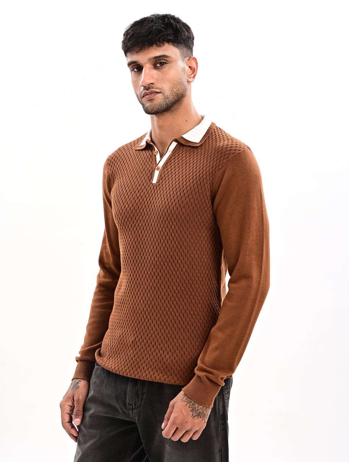 The Ivory Full Sleeve Polo - BROWN
