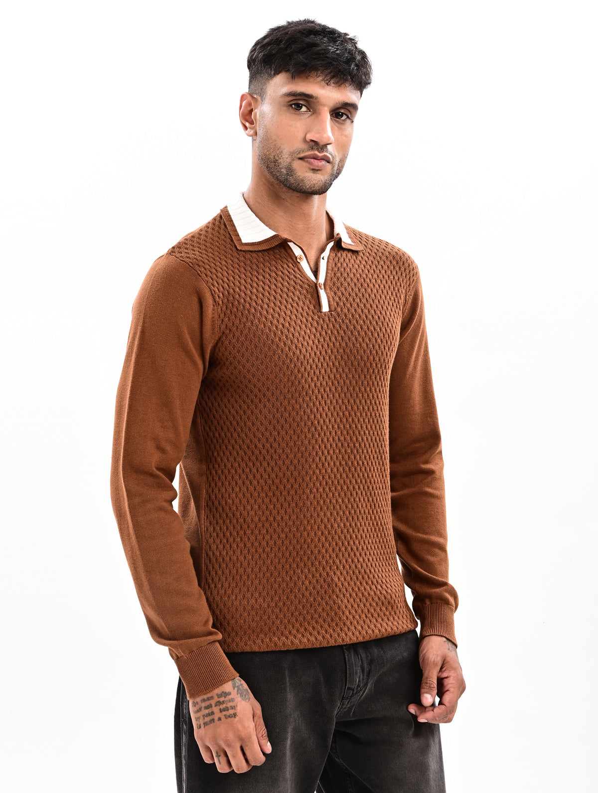 The Ivory Full Sleeve Polo - BROWN