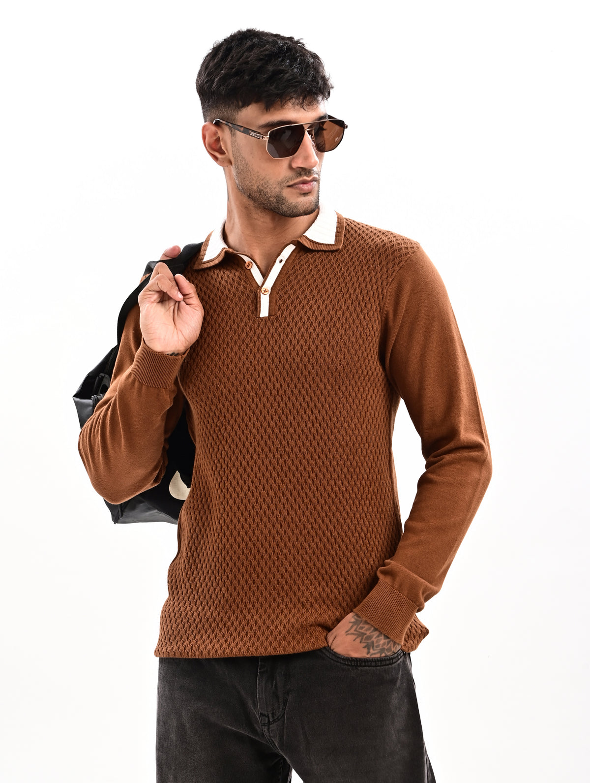 The Ivory Full Sleeve Polo - BROWN