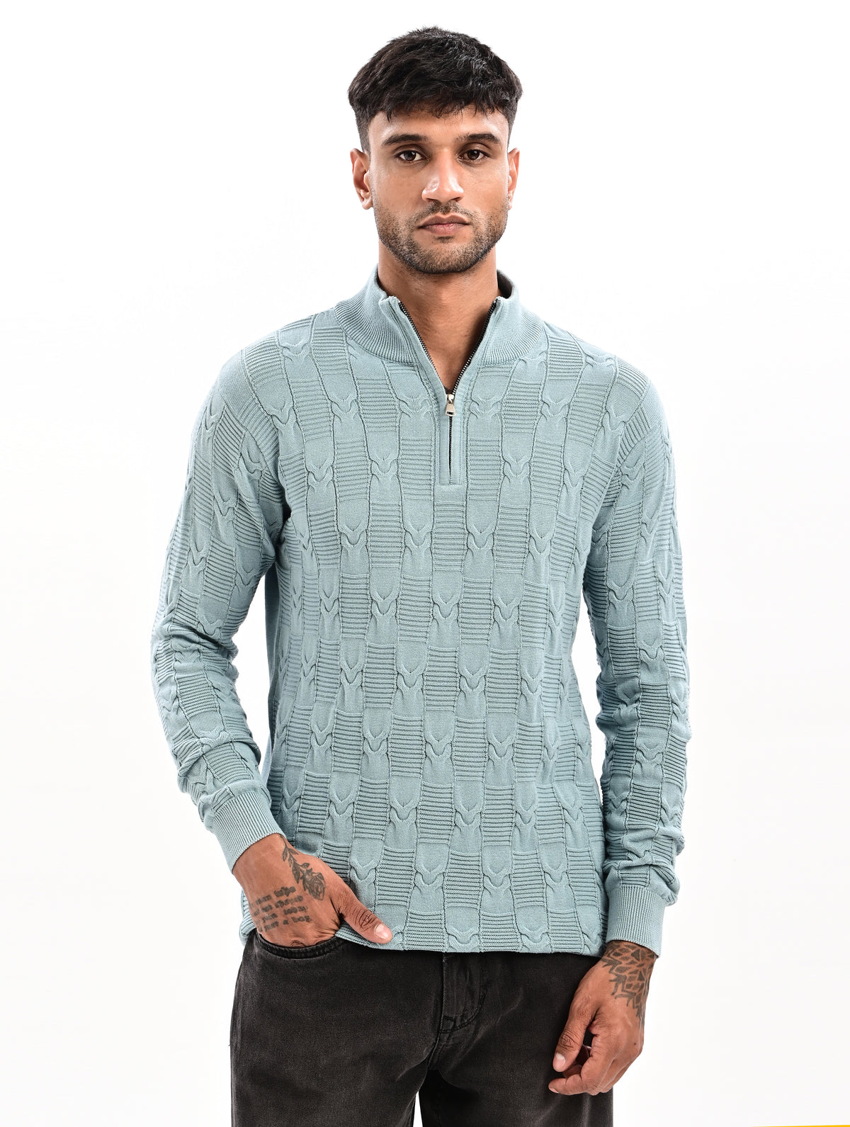 The Savile Quarter-Zip Polo CYAN