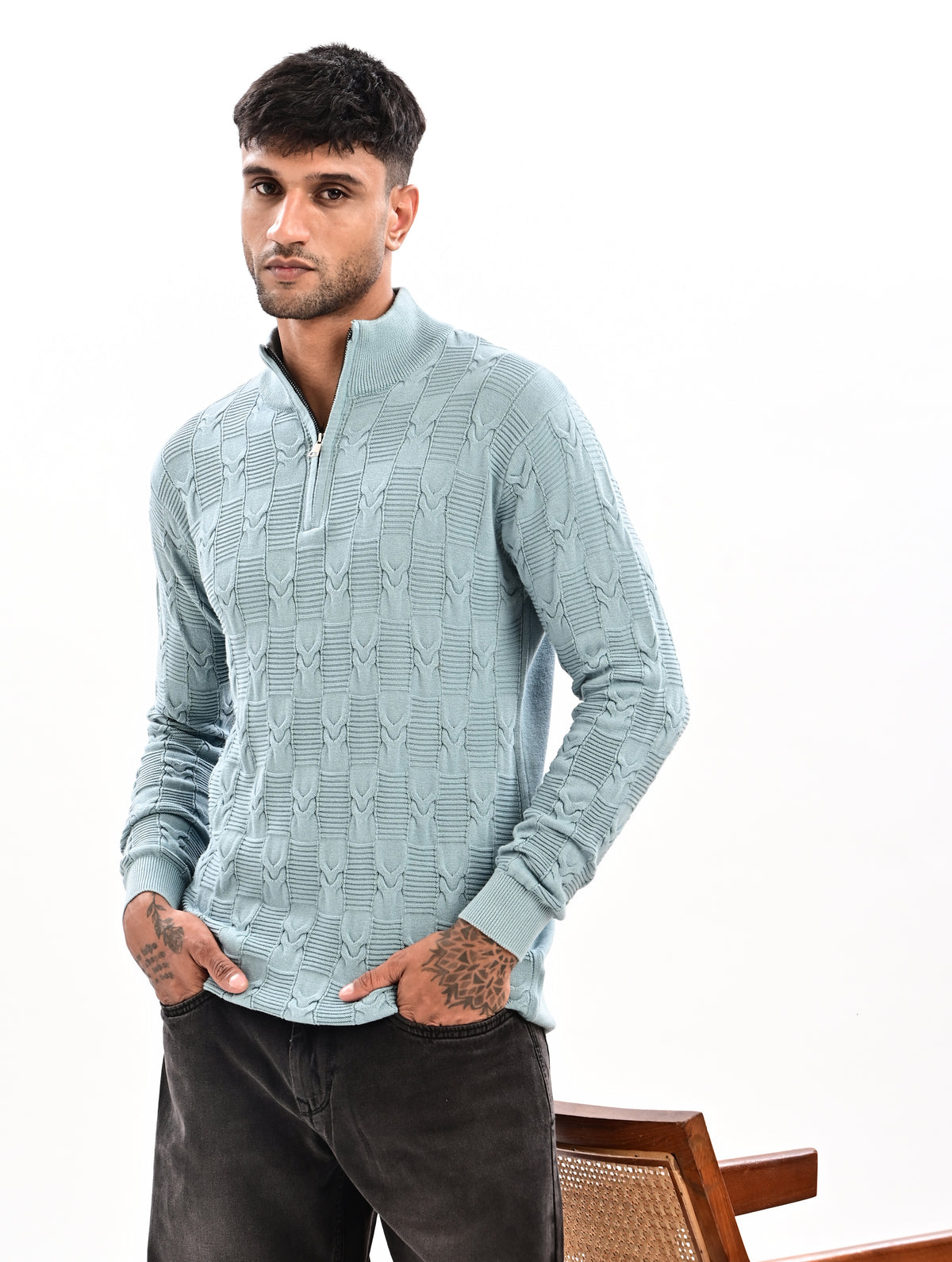 The Savile Quarter-Zip Polo CYAN