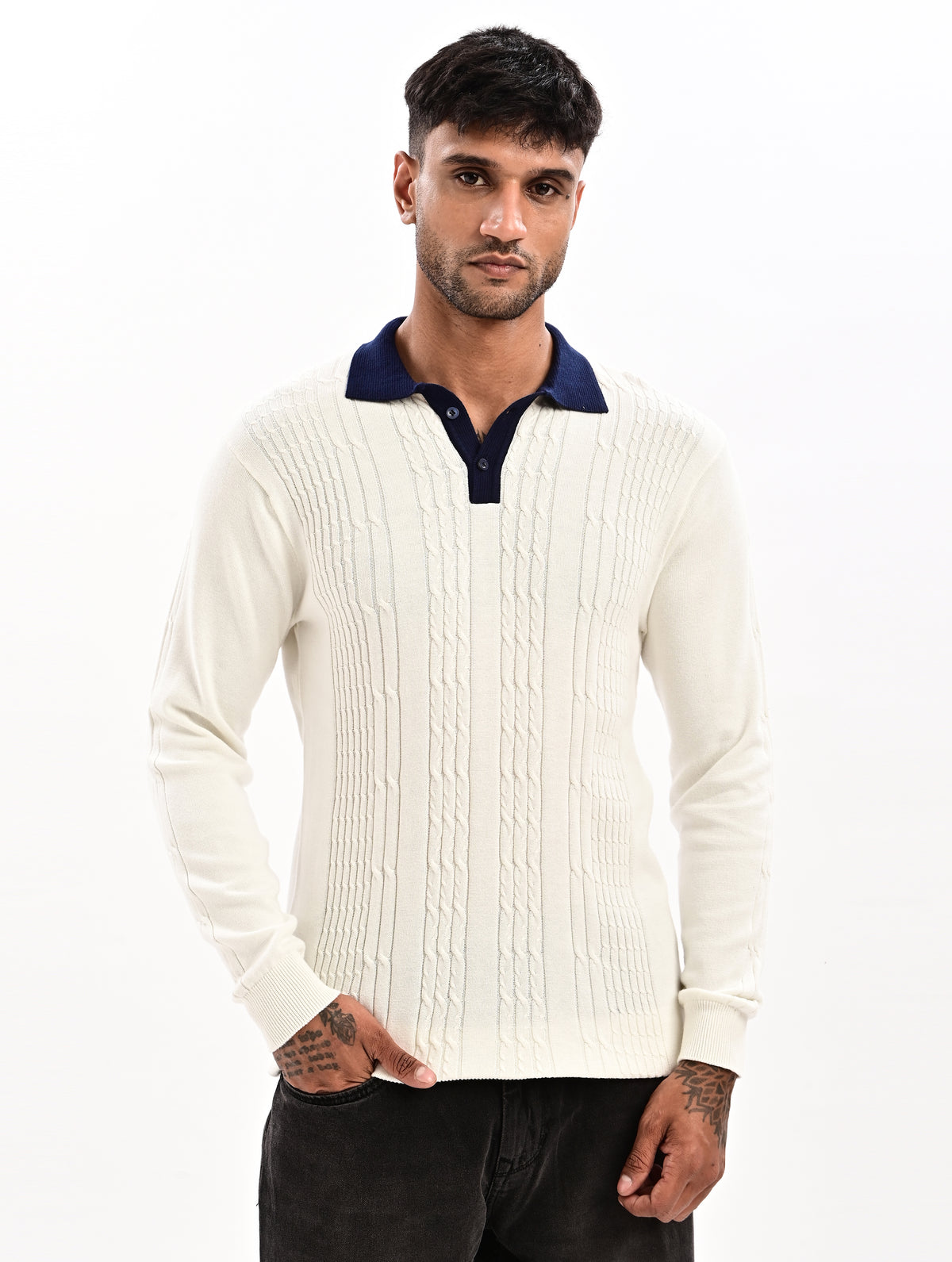 The Astor Cable Knit Polo - WHITE