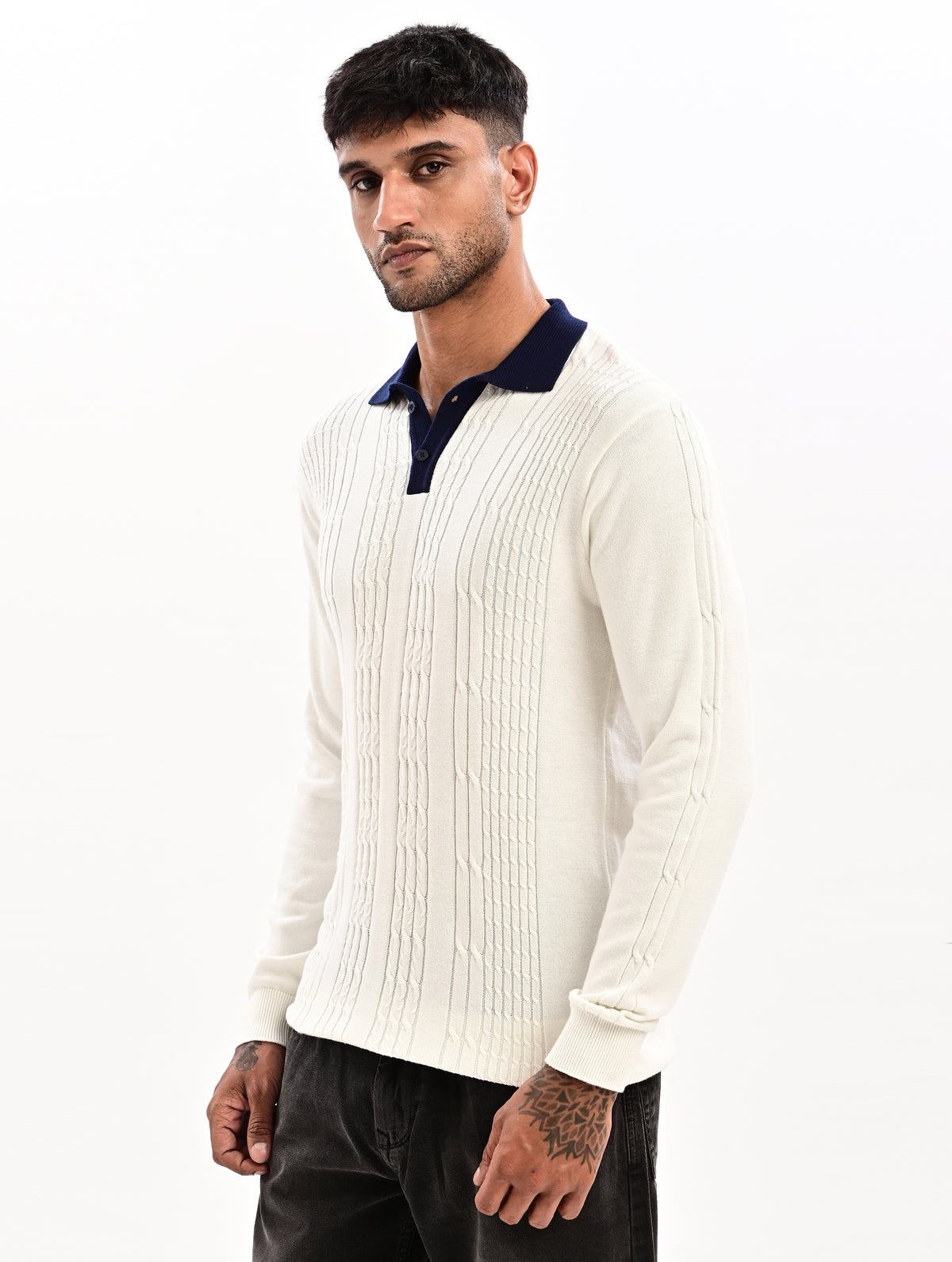 The Astor Cable Knit Polo - WHITE