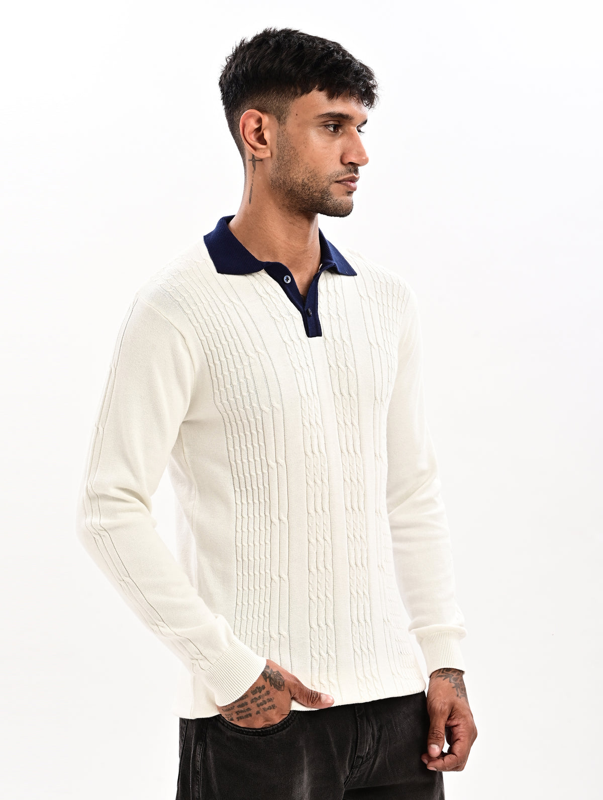 The Astor Cable Knit Polo - WHITE