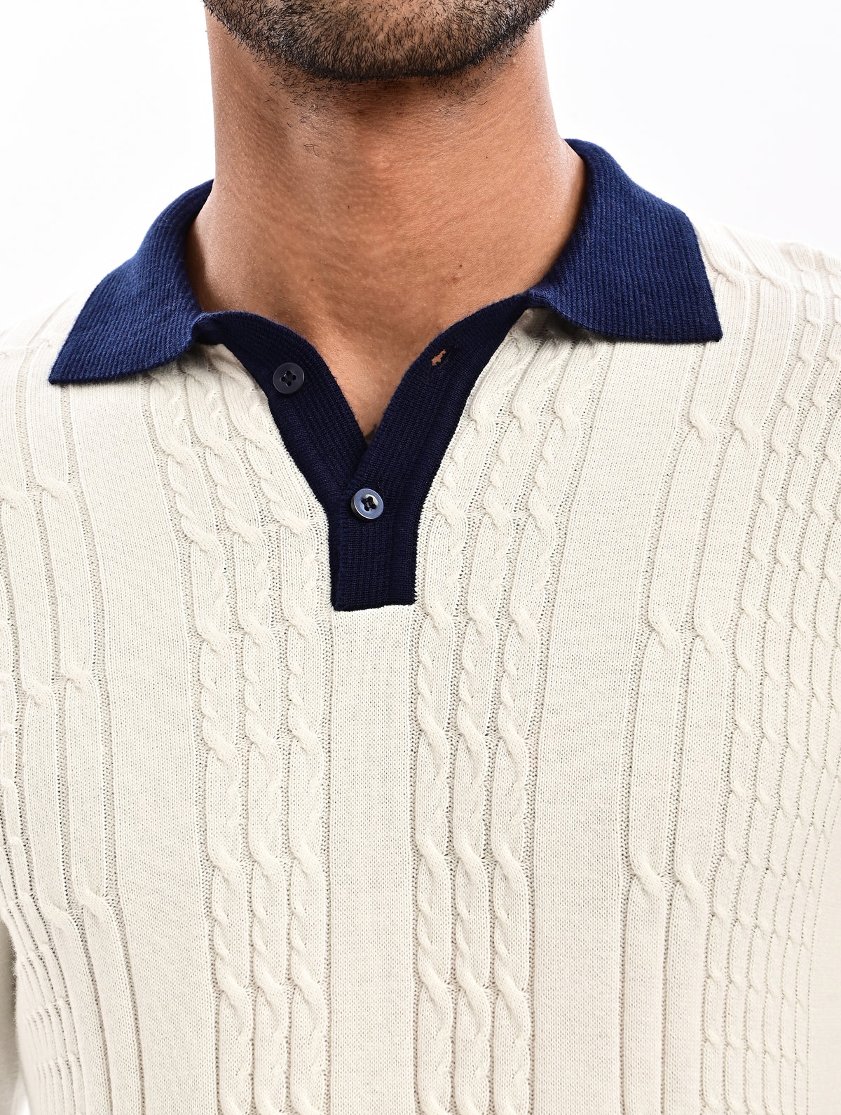 The Astor Cable Knit Polo - WHITE