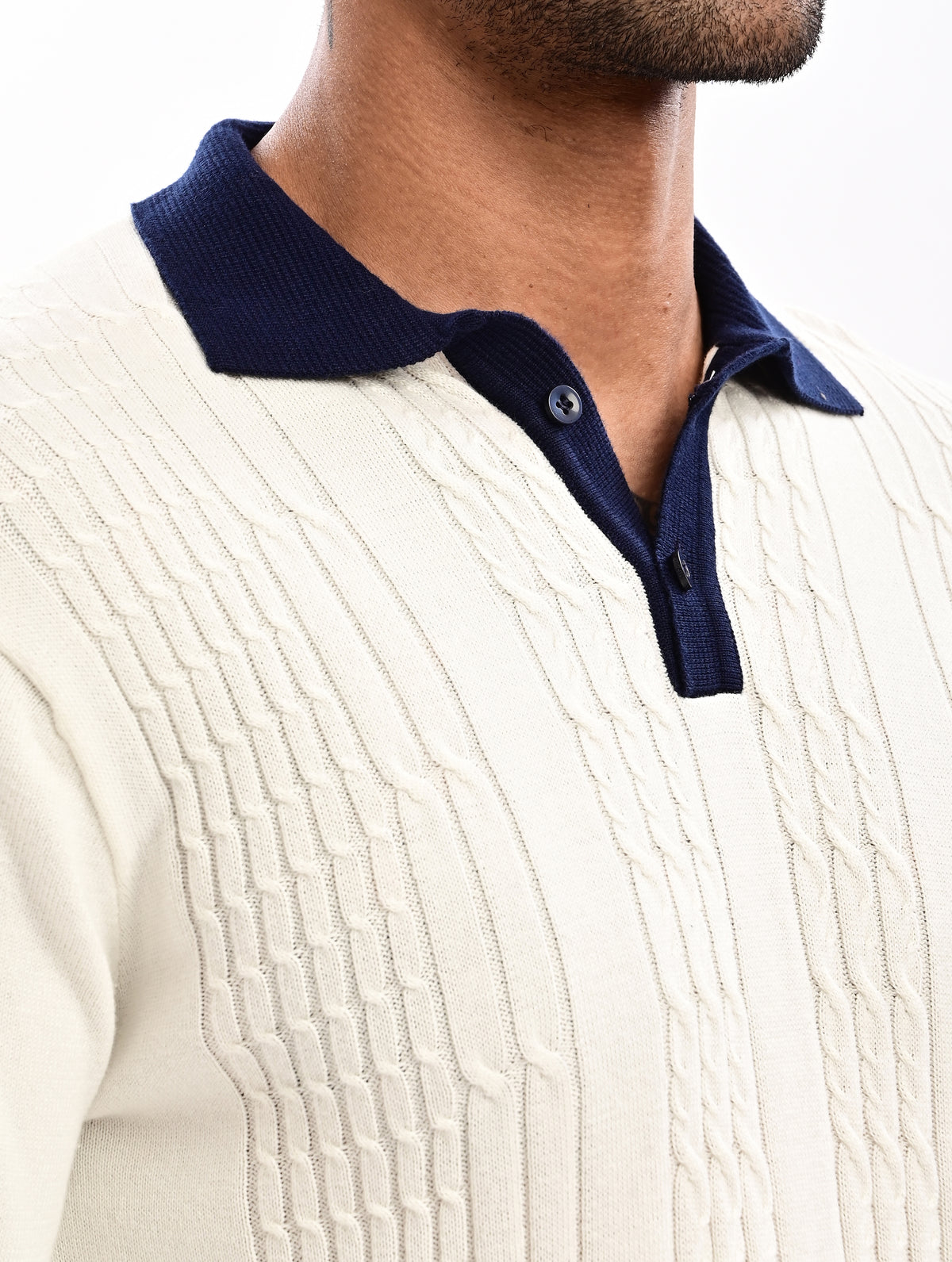 The Astor Cable Knit Polo - WHITE