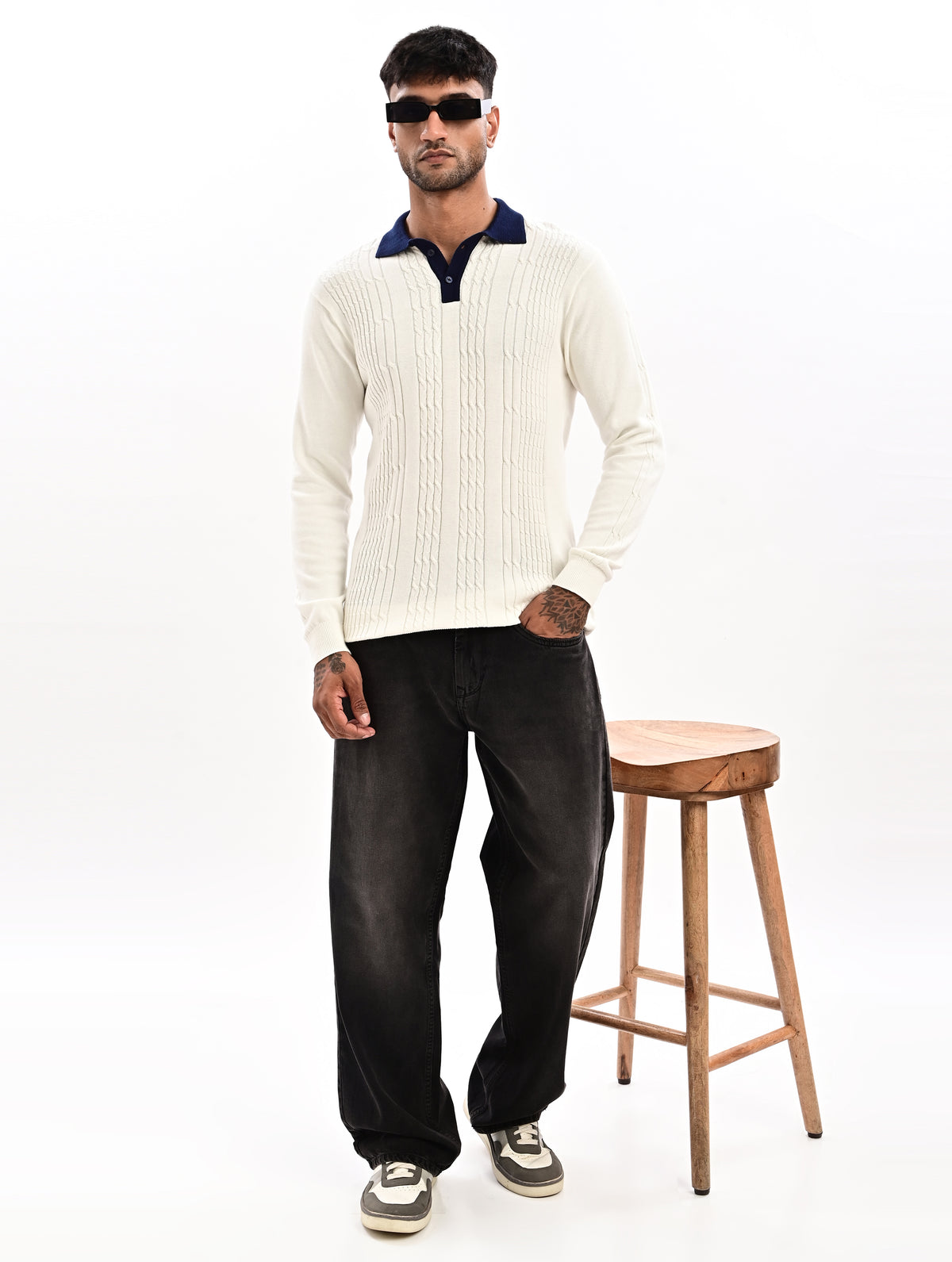 The Astor Cable Knit Polo - WHITE